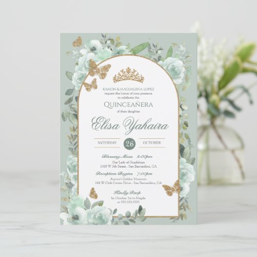 Mint Sage Green Watercolor Butterfly Quinceanera Invitation