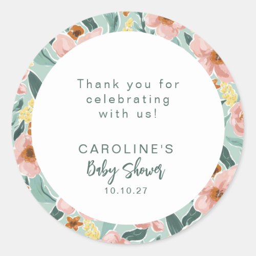 Mint Sage Pink Floral Custom Baby Shower Thank You Classic Round Sticker