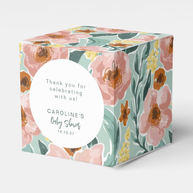 Mint Sage Pink Floral Custom Baby Shower Thank You Favor Boxes (Front Side)