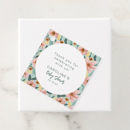 Mint Sage Pink Floral Custom Baby Shower Thank You Favor Tags
