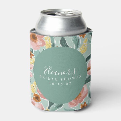 Mint Sage Pink Floral Script Bridal Shower Custom Can Cooler