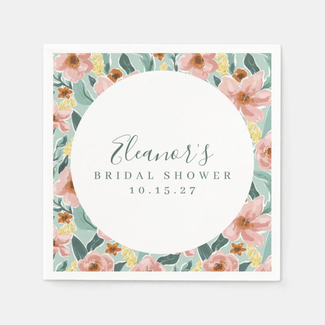 Mint Sage Pink Floral Script Bridal Shower Custom Napkins (Front)