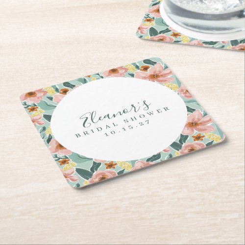 Mint Sage Pink Floral Script Bridal Shower Custom Square Paper Coaster