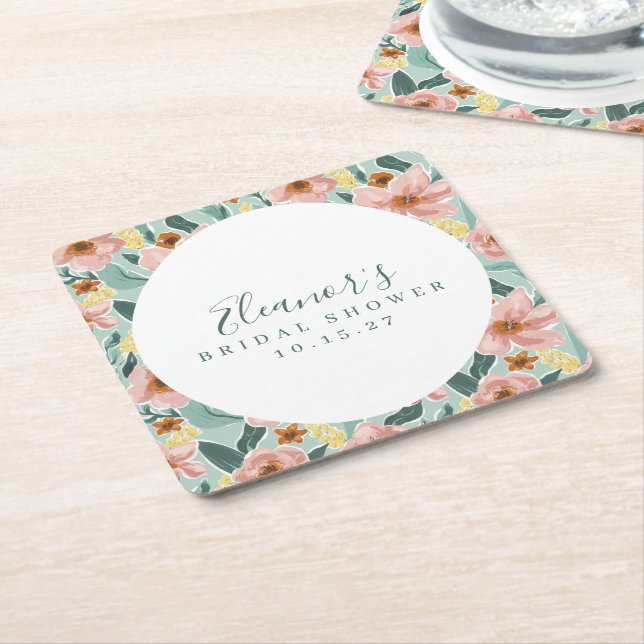 Mint Sage Pink Floral Script Bridal Shower Custom Square Paper Coaster (Angled)