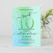 Mint Sea Green Blue Glitter Ombre Sweet 16 Invitation (Standing Front)