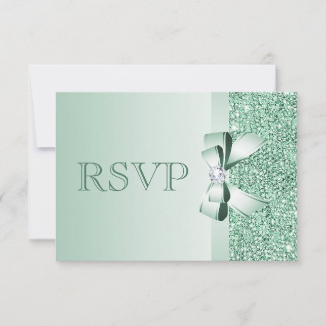 Mint Sequins, Bow & Diamond RSVP Wedding Card (Front)