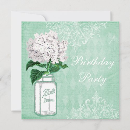Mint Shabby Chic Jar &amp; Hydrangea Birthday Party Custom Invitations