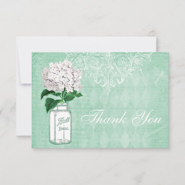Mint Shabby Chic Jar & Hydrangea Thank You Wedding Card (Front)