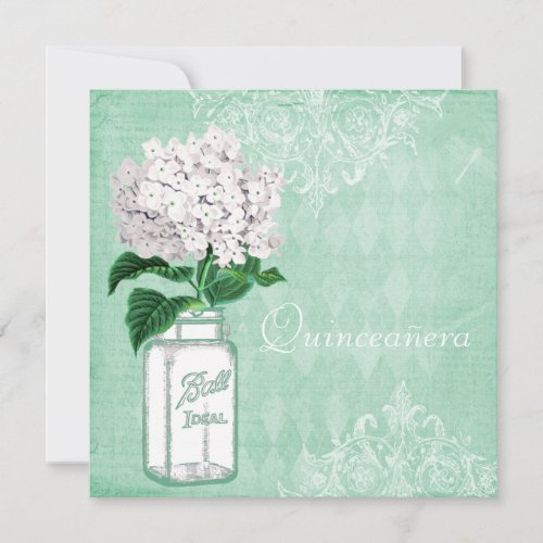 Mint Shabby Chic Mason Jar &amp; Hydrangea Quinceanera Invitation