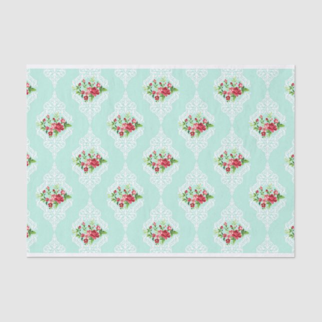 Mint Shabby Chic Retro Floral Decoupage Tissue Paper (Front)