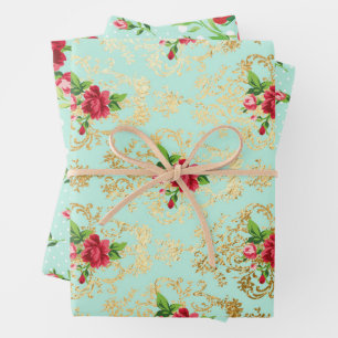 Mint Shabby Chic Retro Gold Lace Floral  Wrapping Paper Sheets