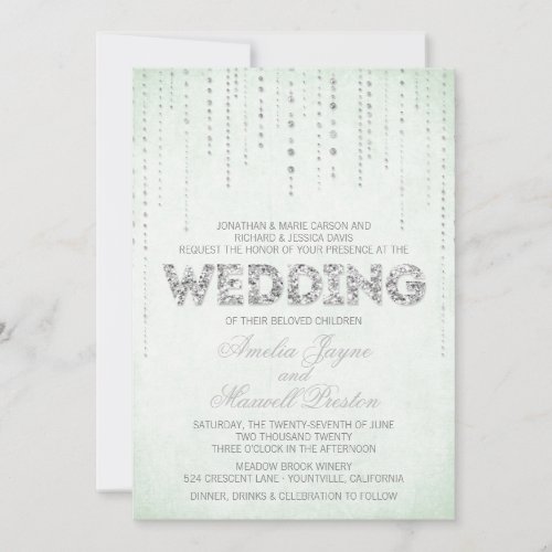 Mint  Silver Glitter Look Wedding Invitation