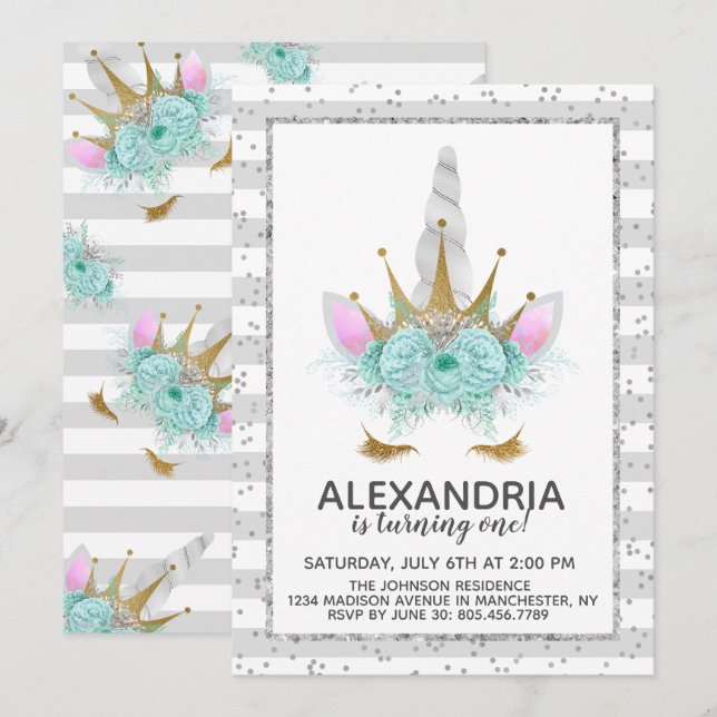 Mint, Silver & Gold Unicorn Princess Birthday Invitation (Front/Back)