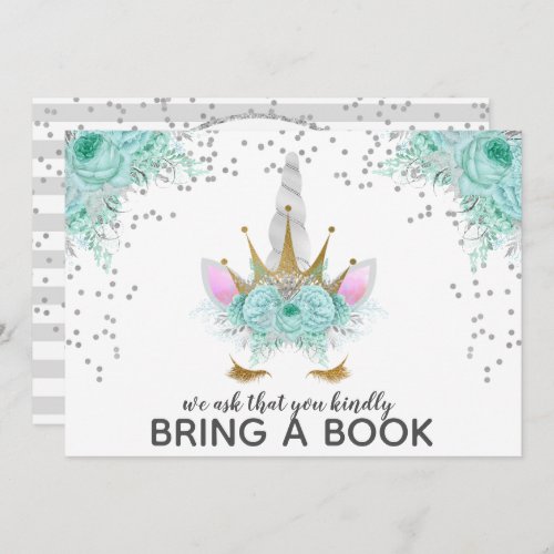 Mint Silver  Gold Unicorn Princess Bring A Book Invitation