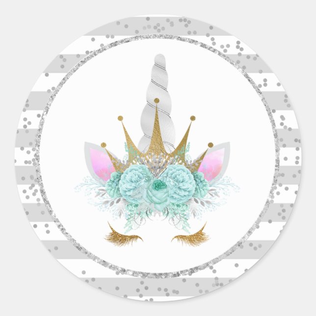 Mint, Silver & Gold Unicorn Princess Classic Round Sticker (Front)