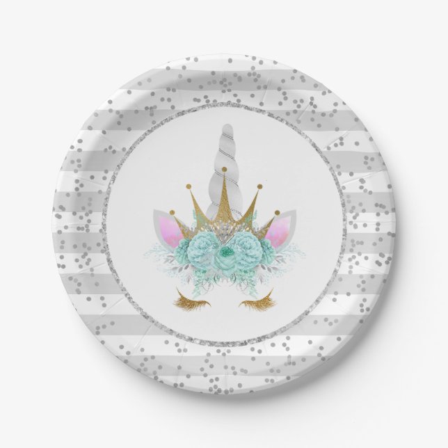 Mint, Silver & Gold Unicorn Princess Paper Plates (Front)