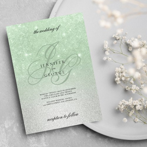 Mint silver monogram initial ombre glitter wedding invitation