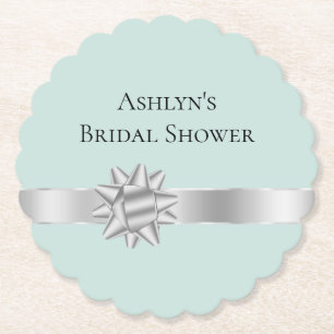 Mint Silver Ribbon Bow Bridal Shower Paper Coaster