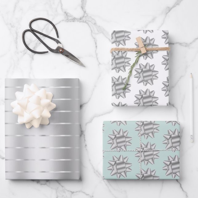 Mint Silver Ribbon Bow Bridal Shower Wrapping Paper Sheets (Front)