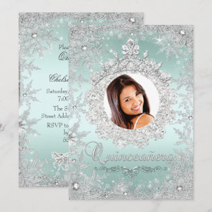 Mint Silver Tiara Snowflake Sparkle Quinceanera Invitation