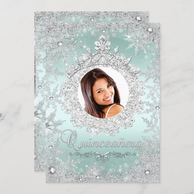 Mint Silver Tiara Snowflake Sparkle Quinceanera Invitation (Front/Back)