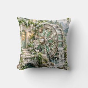 Mint Silver Waterwheel Blossom Cottage Throw Pillow