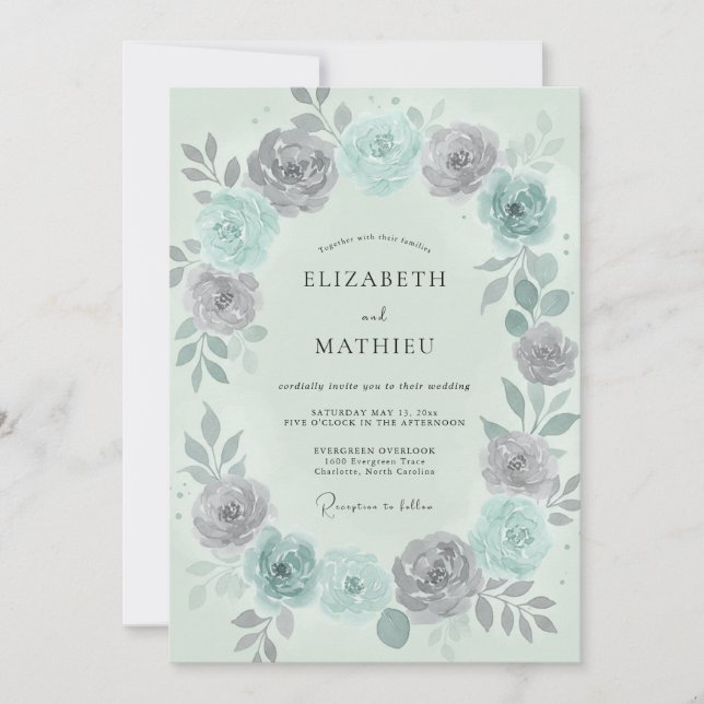 Mint Silver Wreath Wedding Invitation (Front)