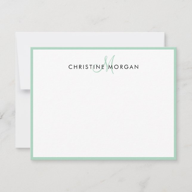 Mint simple chic minimalist monogram name note card (Front)