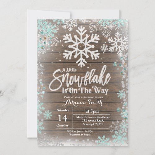 Mint snowflake is on the way baby shower invitation