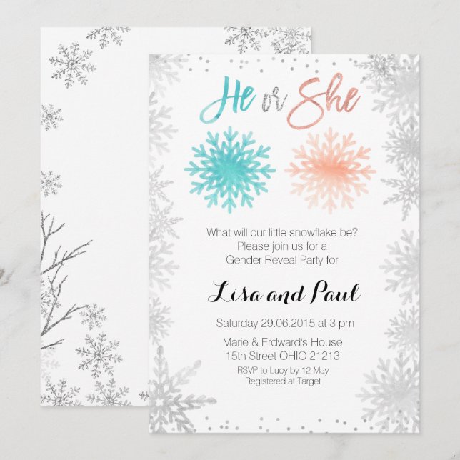 Mint Snowflakes Winter gender reveal invitation (Front/Back)