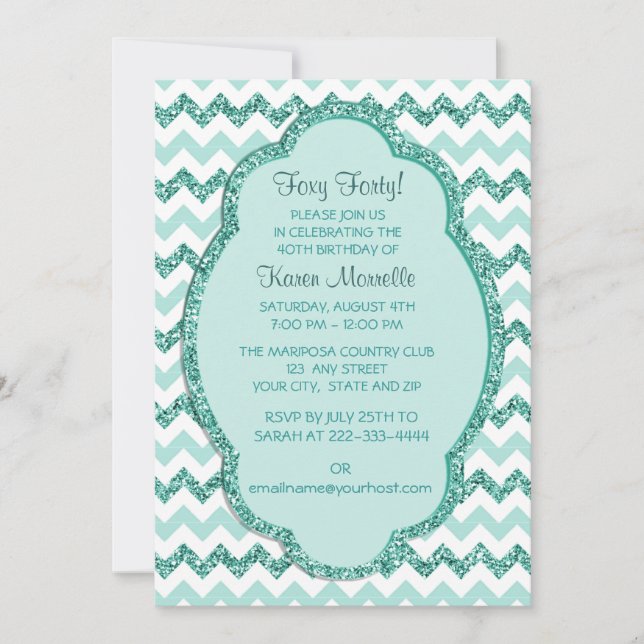 Mint Sparkle Chevron Womans 40th Birthday Party Invitation (Front)