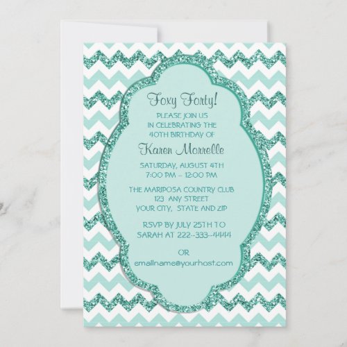 Mint Sparkle Chevron Womans 40th Birthday Party Personalized Announcements
