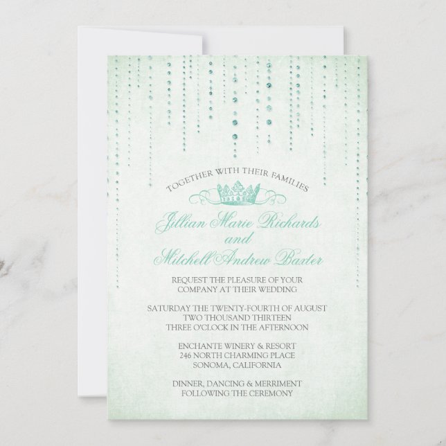 Mint Sparkles & Crown Fairytale Wedding Invitation (Front)