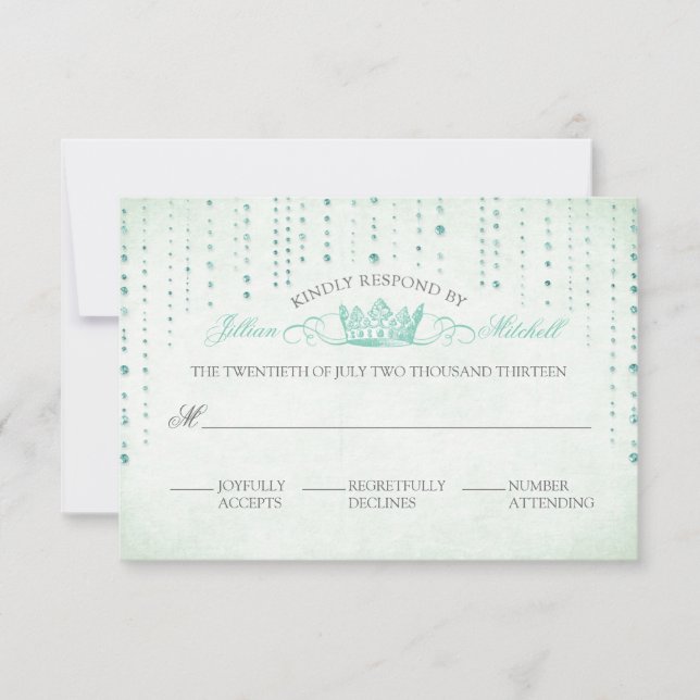 Mint Sparkles & Crown Fairytale Wedding RSVP Card (Front)