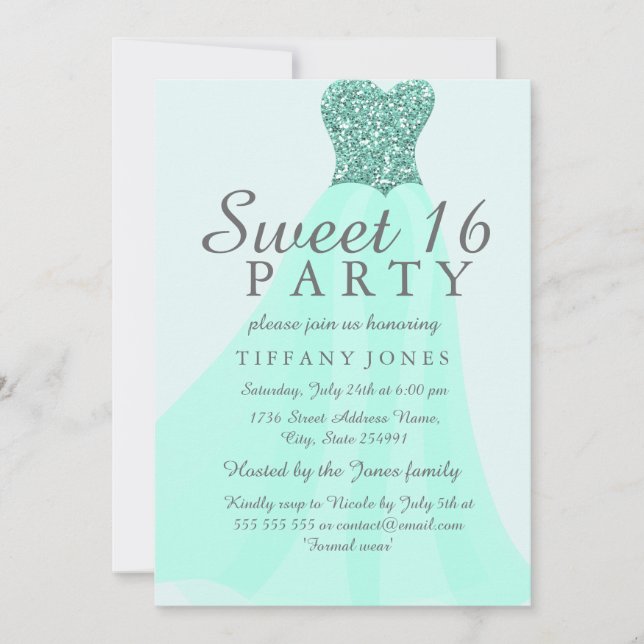 Mint Sparkling Glitter Gown Sweet 16 Invite (Front)