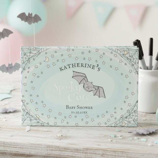 Mint Spooky Cute Bats Halloween Baby Shower Foil Guest Book (Mint Spooky Cute Halloween Baby Shower Guest Book 4 Mother to Be. Fall Baby Shower Keepsake for Her)