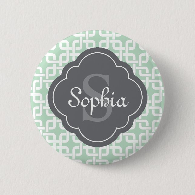 Mint Square Chain Pattern Grey Monogram Pinback Button (Front)
