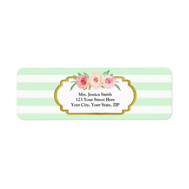 Mint Stripe Gold Pink Floral Return Address Label (Front)