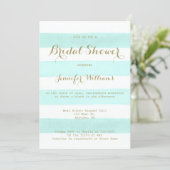 Mint stripe gold script bridal shower invitations (Standing Front)