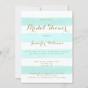 Mint stripe gold script bridal shower invitations