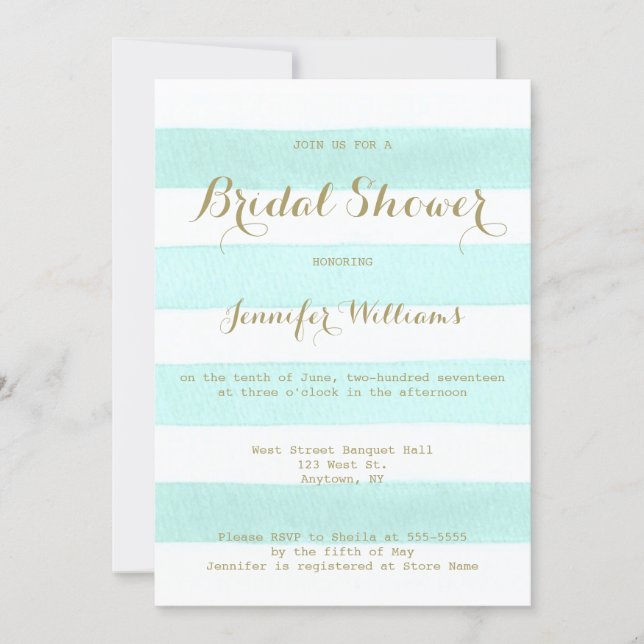Mint stripe gold script bridal shower invitations (Front)