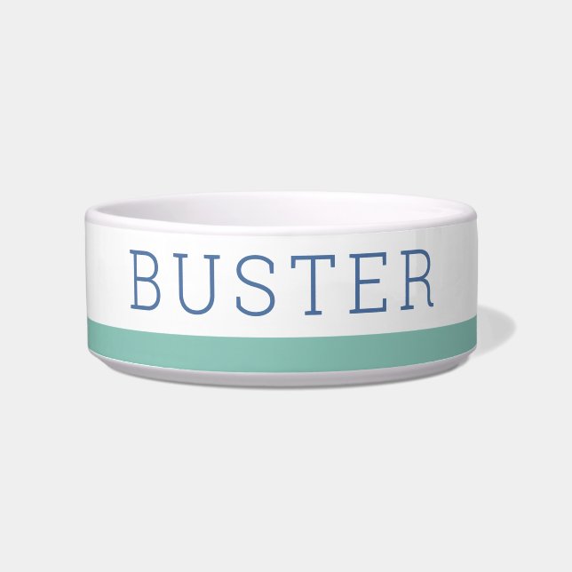 Mint Stripe & Navy Blue Simple Pet Name Bowl (Front)
