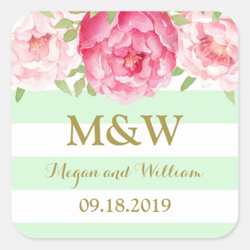 Mint Stripe Pink Floral Monogram Wedding Favor Tag
