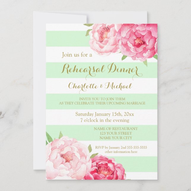 Mint Stripe Pink Rehearsal Dinner Party Invitation (Front)
