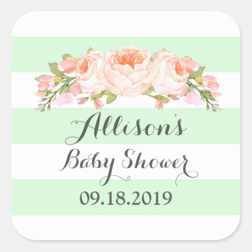 Mint Stripe Pink Watercolor Floral Baby Shower Tag