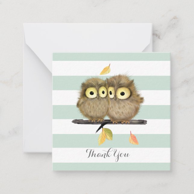 Mint Stripes Baby Owls Thank You Note Card (Front)
