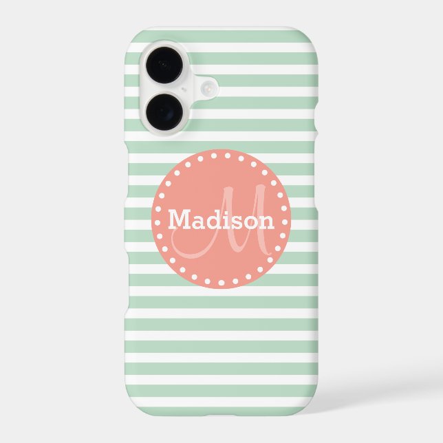 Mint Stripes Coral Monogram Iphone Case (Back)