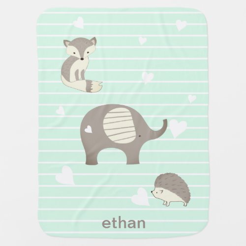 Mint Stripes Elephant Fox Hedgehog Baby Blanket