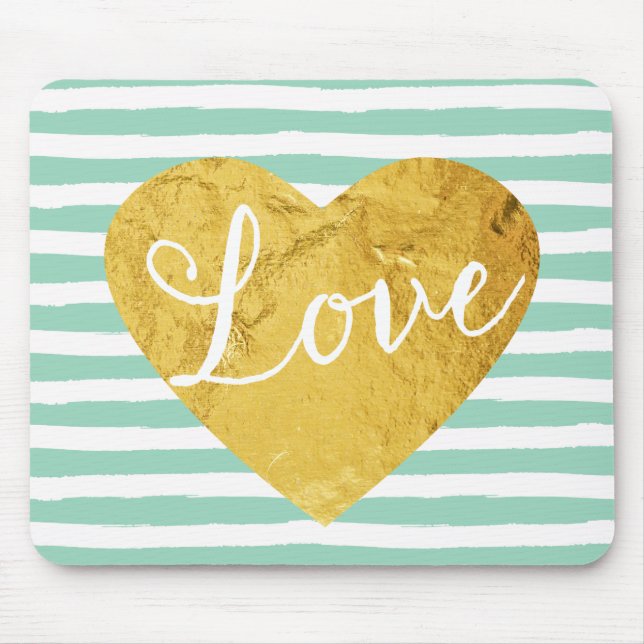 Mint Stripes Fake Gold Love Heart Cute Girly Mouse Pad (Front)