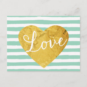 Mint Stripes Fake Gold Love Heart Cute Girly Postcard